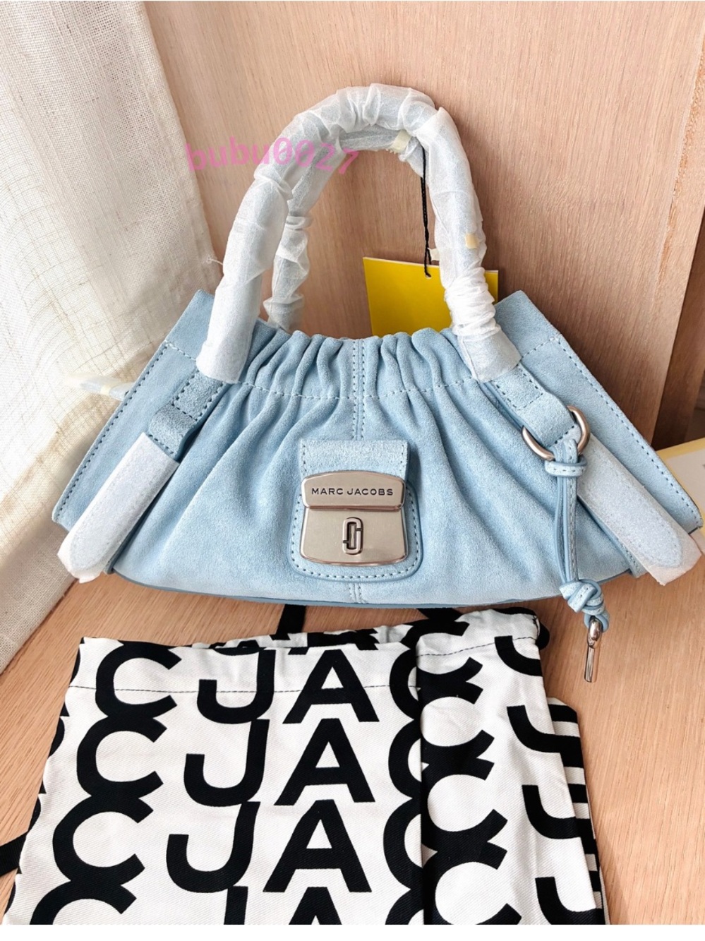 NWTš„Marc Jacobs The Suede Cristina Small Satchel Baby Blue Mist Key Charm Bag - Picture 8 of 8